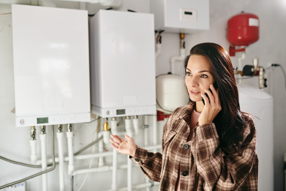 Une femme en communication téléphonique devant deux chaudières murales blanches.