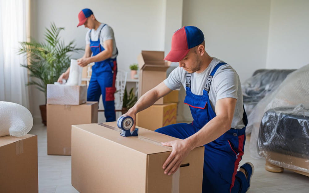 Équipe de déménageurs professionnels en uniforme scotchant et emballant des cartons pour la création d'une entreprise de transport