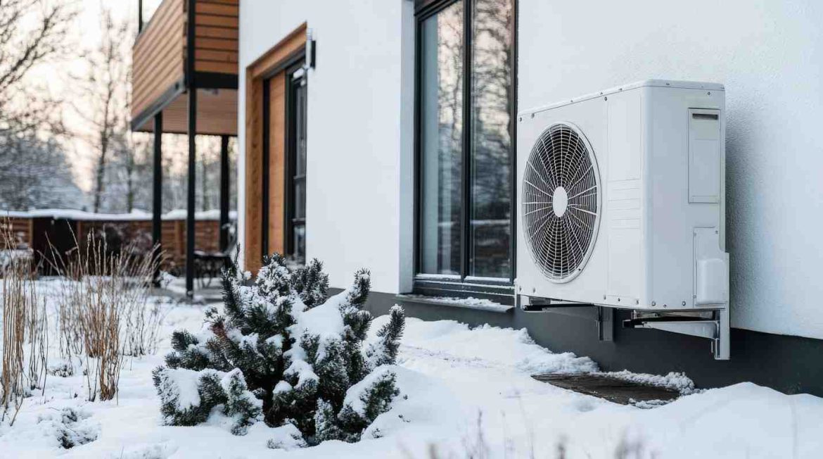 Unité extérieure d'une pompe à chaleur installée contre un mur blanc, illustrant le fonctionnement pompe à chaleur air eau chauffage en plein hiver